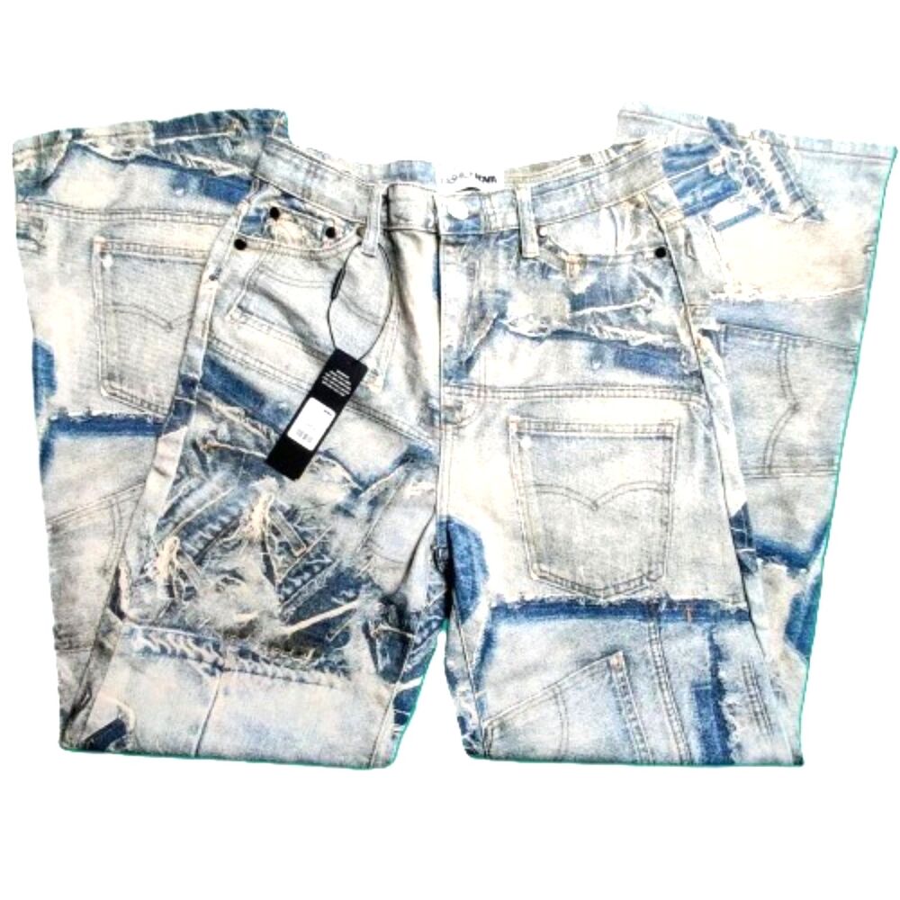 Fashion Nova Womens Patchwork Print Flare Jeans Size 9 Light Wash Denim